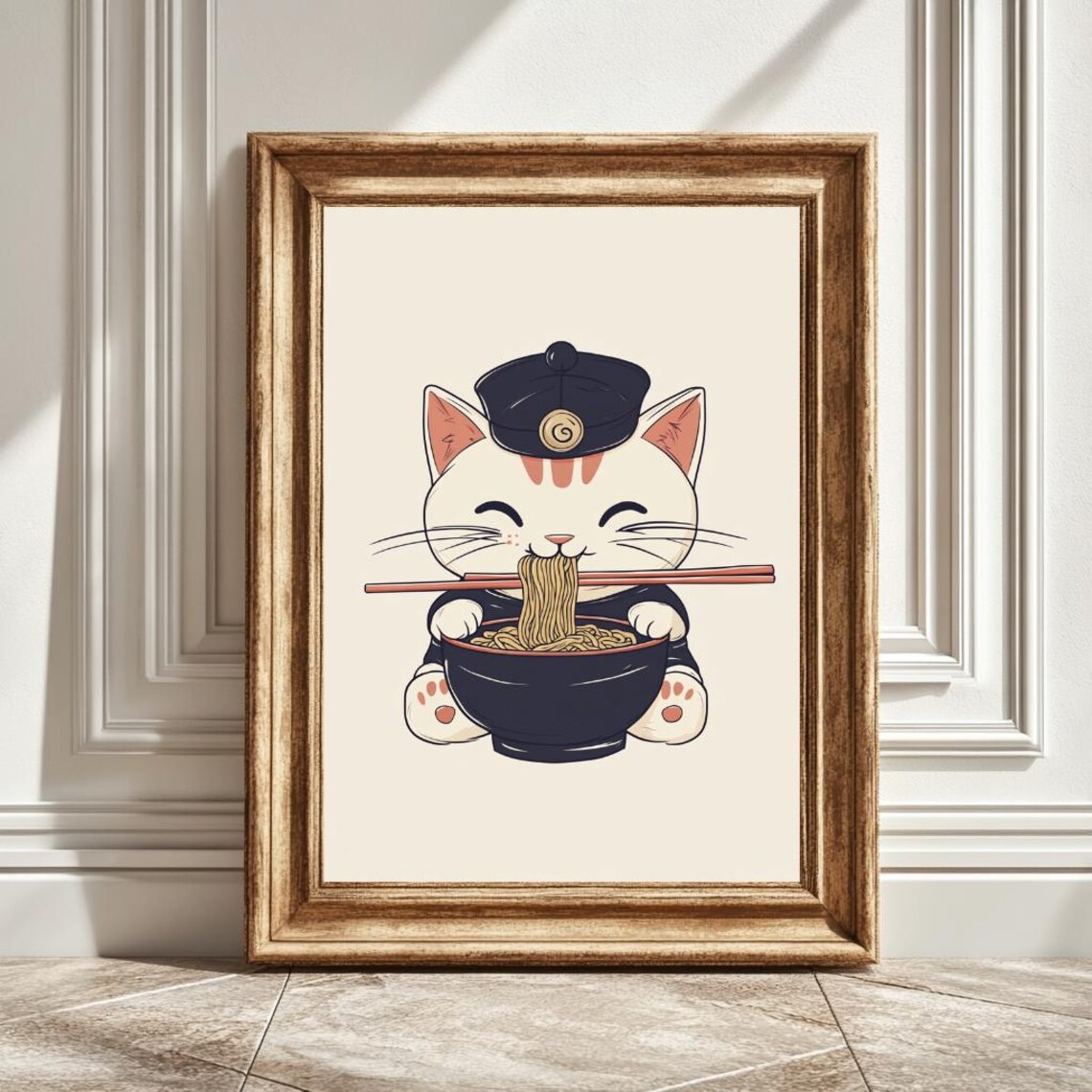 White Cat Eating Ramen, Japanese Inspired Kitchen Art