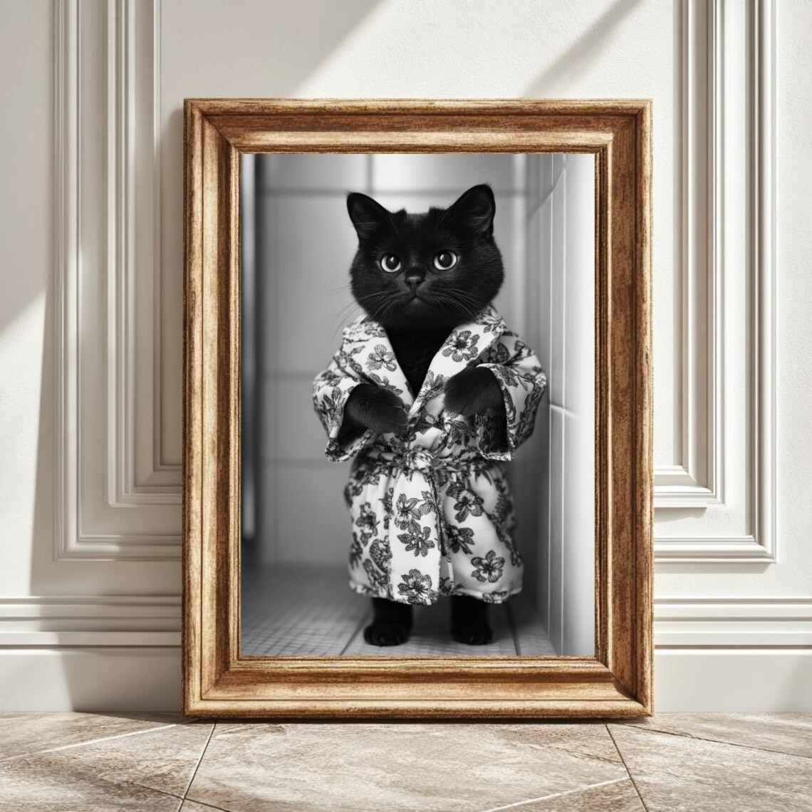 Black Cat In Bathrobe, Cat Lover Bathroom Decor