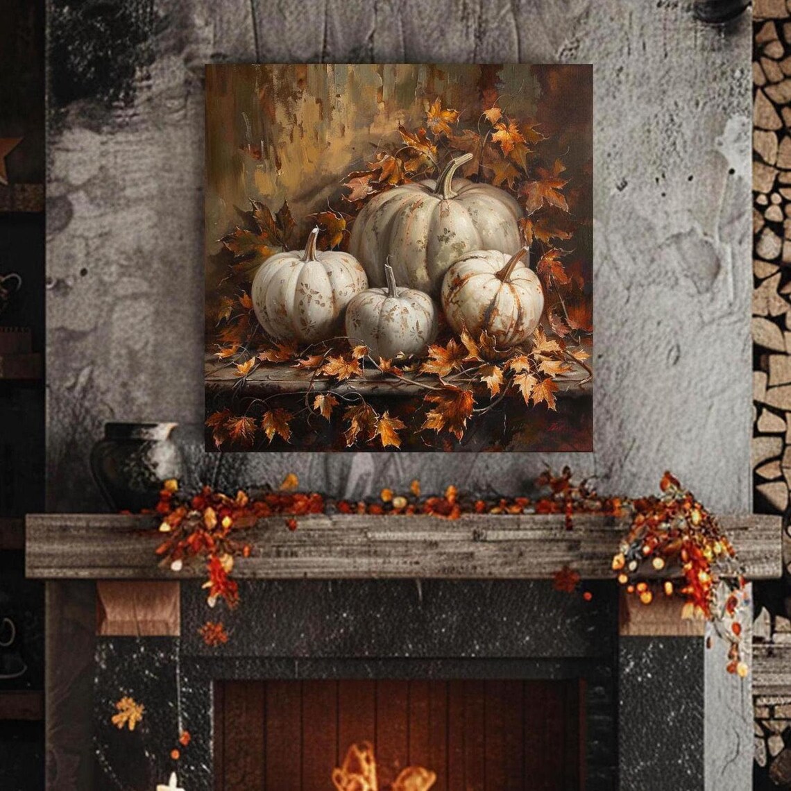 White Pumpkin and Autumn Leaves Still Life Art Print