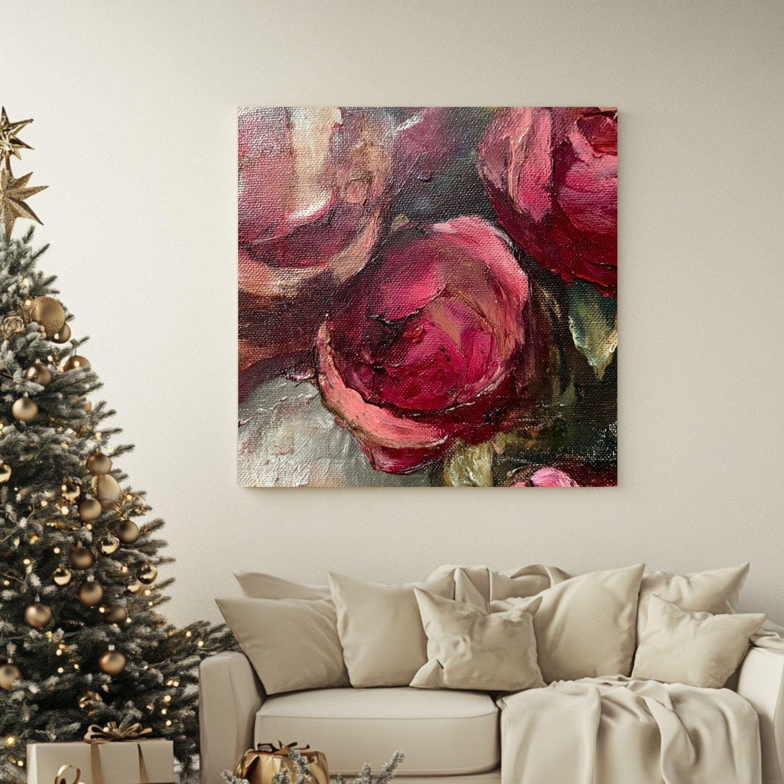 Crimson Rose Close Up Bold Impasto Floral Oil Painting Poster