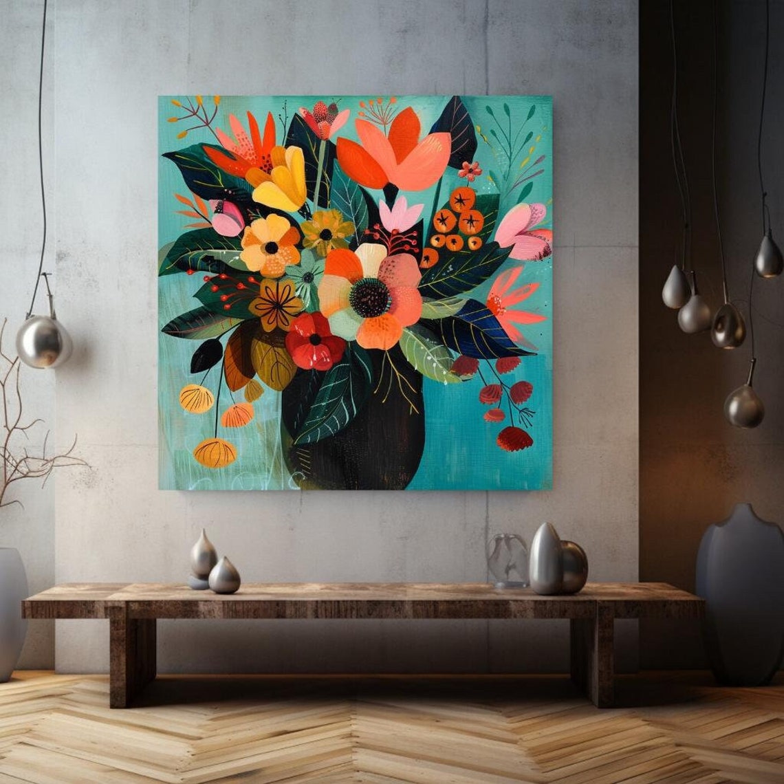 Modern Boho Floral Bouquet Coral Orange Teal Bold Botanical Art Print