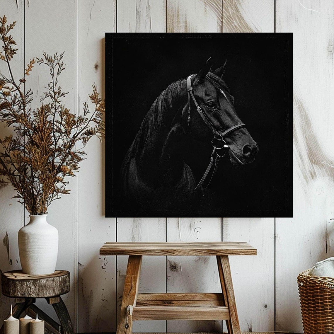 Black Stallion Horse Portrait Dramatic Dark Equestrian Art Poster