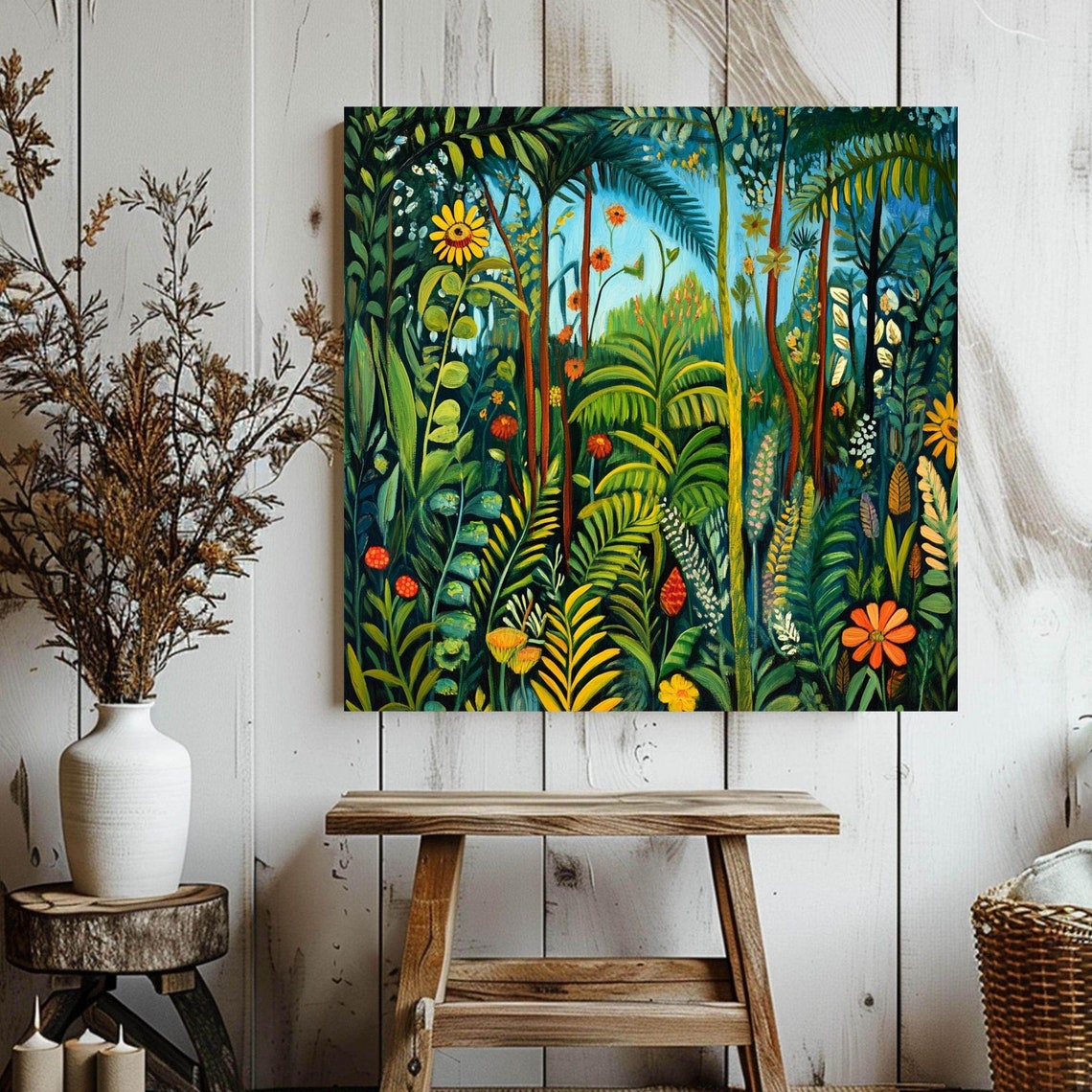 Lush Tropical Jungle Palm Ferns Colorful Blooms Dense Greenery Poster