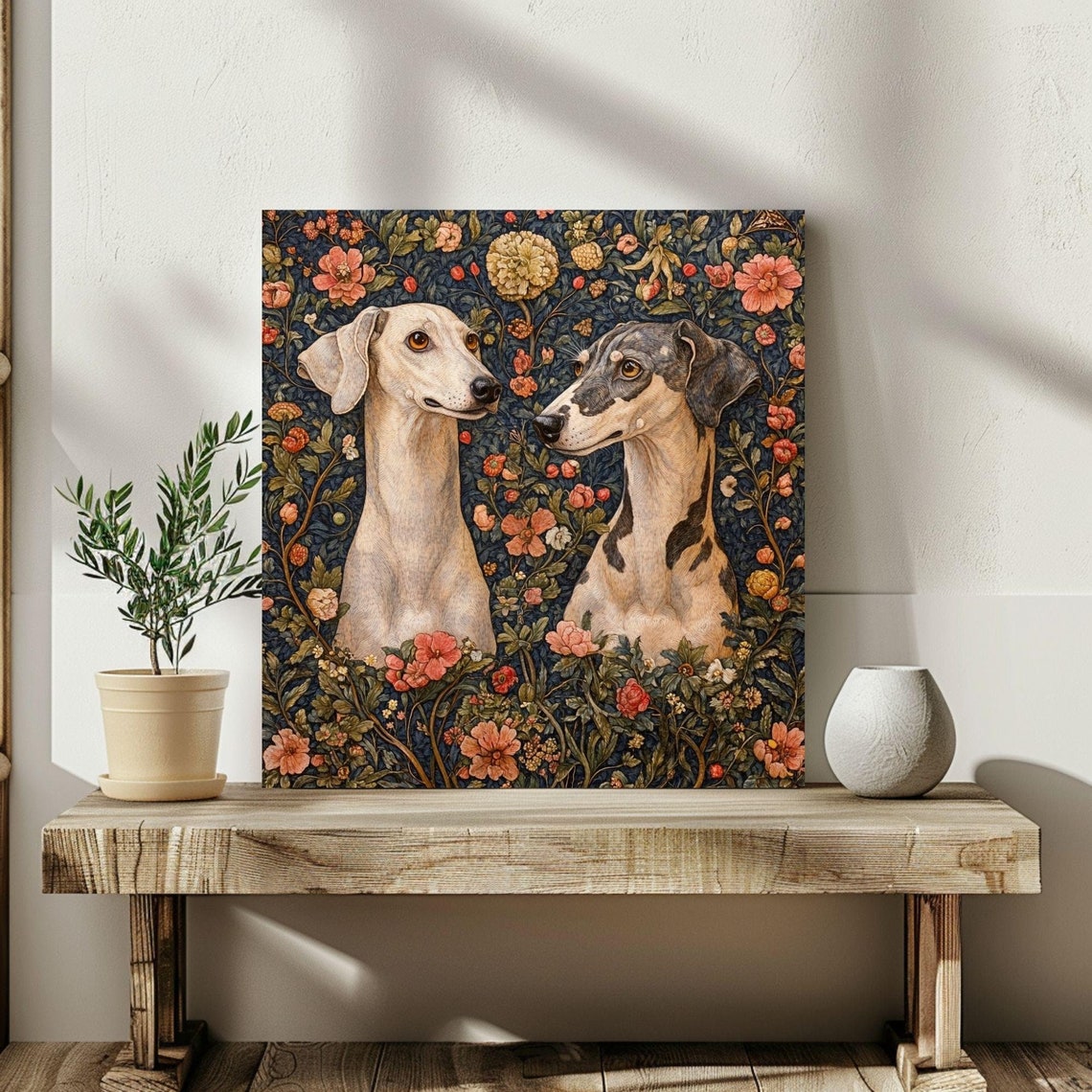 Two Greyhounds William Morris Floral Tapestry Elegant Dog Art Print