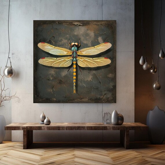Vintage Amber Dragonfly Dark Background Specimen Antique Insect Art Print