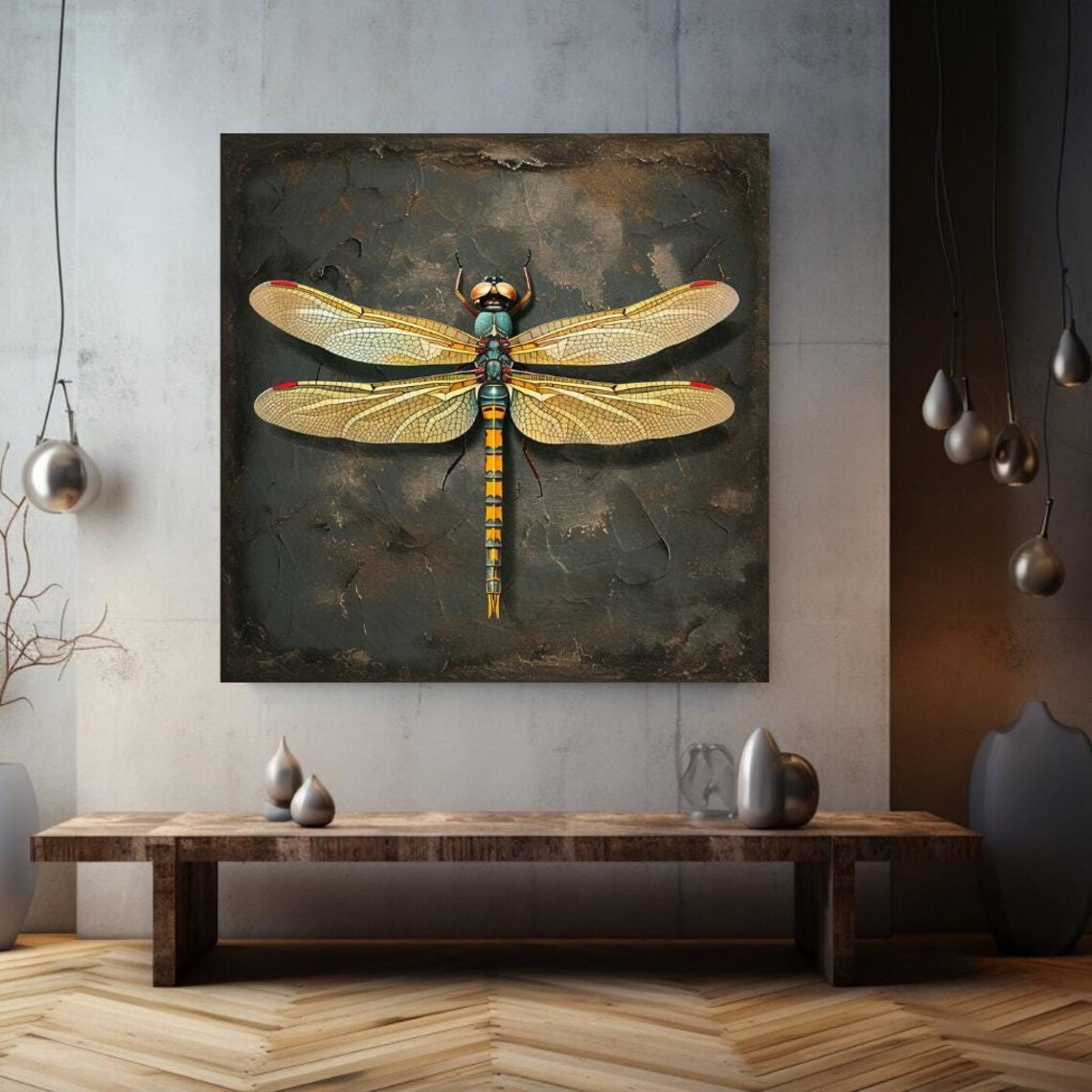Vintage Amber Dragonfly Dark Background Specimen Antique Insect Art Print