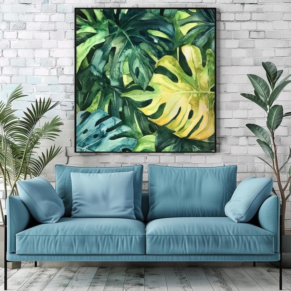 Watercolor Monstera Tropical Green Leaves Botanical Coastal Wall Art