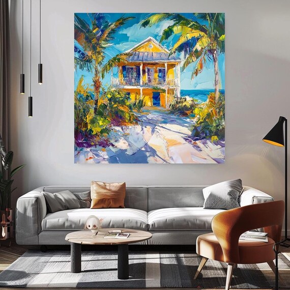 Yellow Beach House Palm Trees Ocean View Colorful Tropical Poster