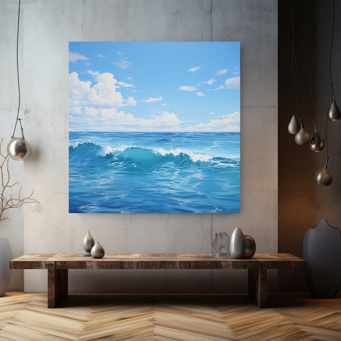 Ocean Wave Turquoise Rolling Sea Bright Blue Sky Beach Wall Art Print