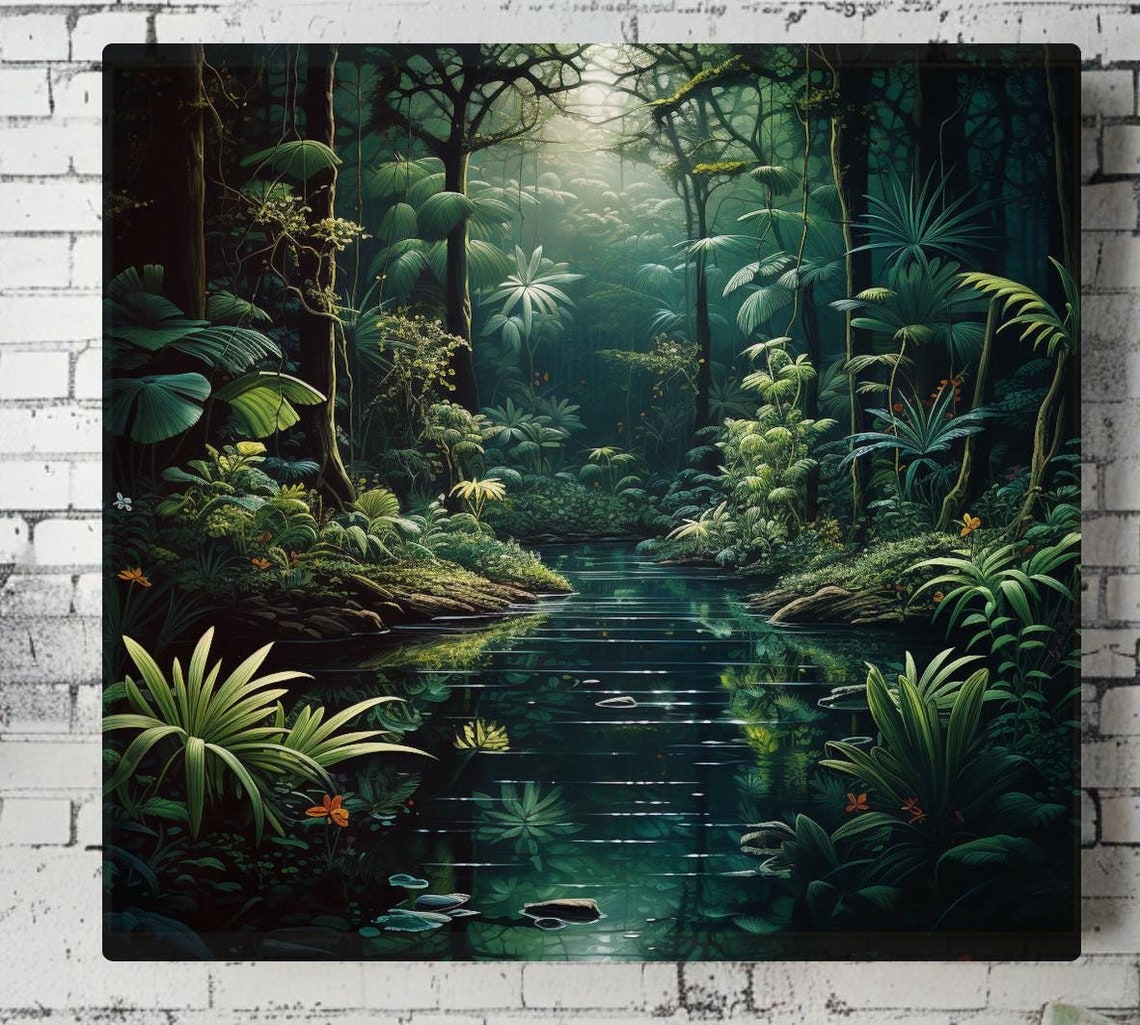 Mystical Jungle Dark Rainforest Stream Palm Leaves Green Wall Print