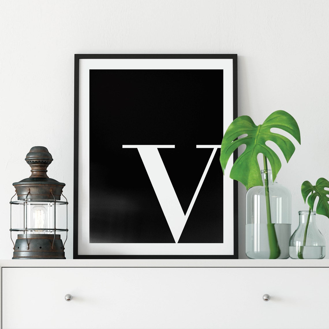 Uppercase Letter V Monogram Poster White on Black Modern Decor - Image 3