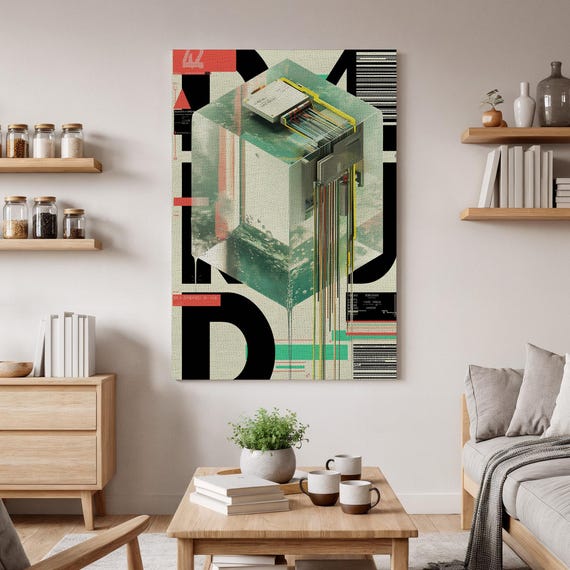 Geometric Abstract Tech Wall Art Futuristic Data Cube Canvas Modern Lines Print Contemporary Home Decor