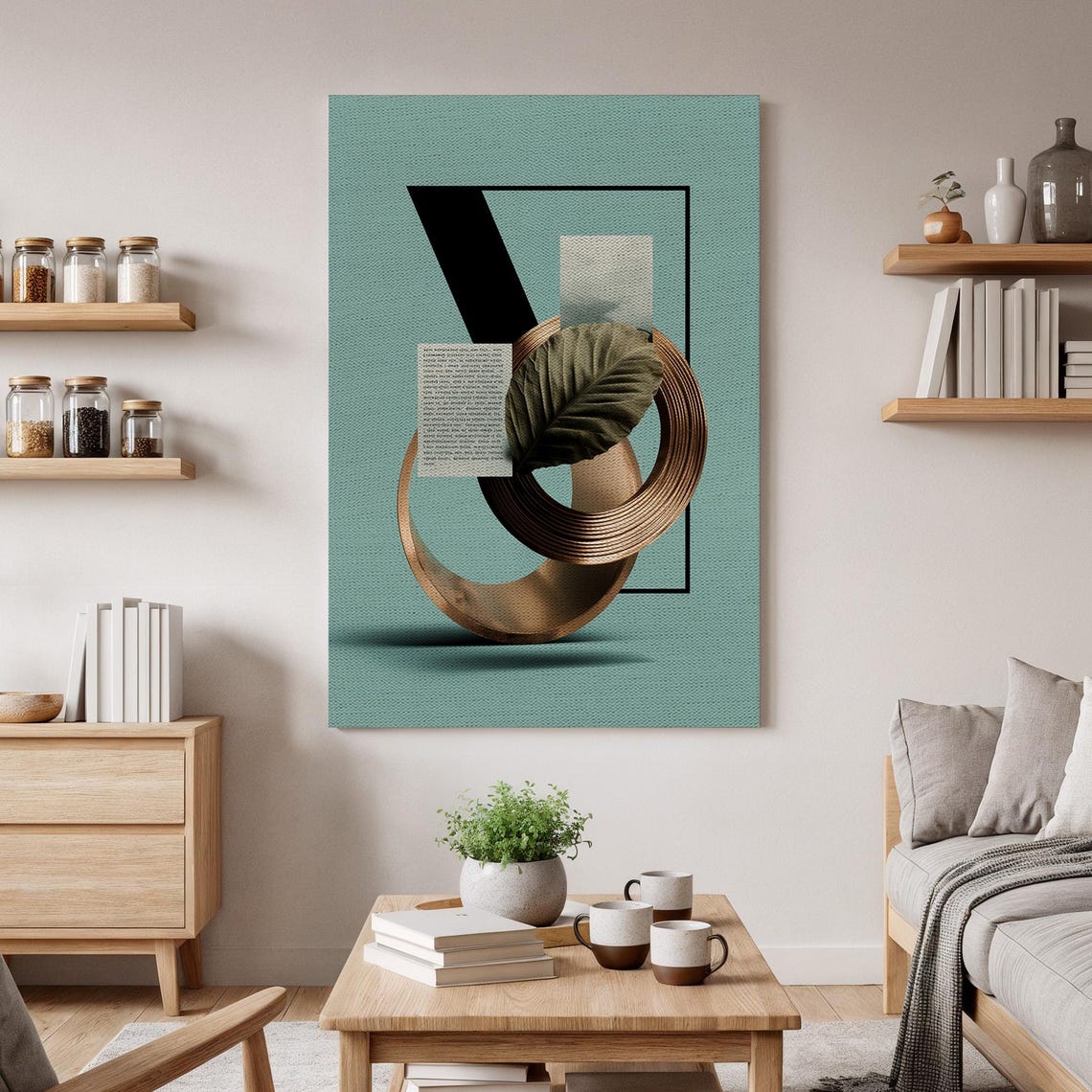 Abstract Geometric Teal Bronze Leaf Modern Art Deco Style Poster