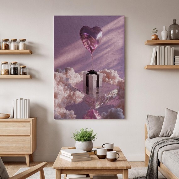 Pink Heart Balloon Gift Box Dreamy Romantic Cloud Art Poster
