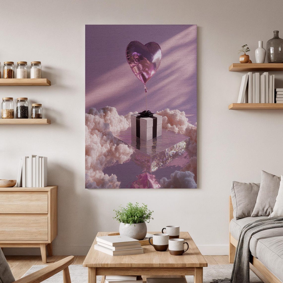 Pink Heart Balloon Canvas Wall Art Dreamy Gift Box Print Romantic Cloud Whimsical Love Artwork Modern Bedroom Decor