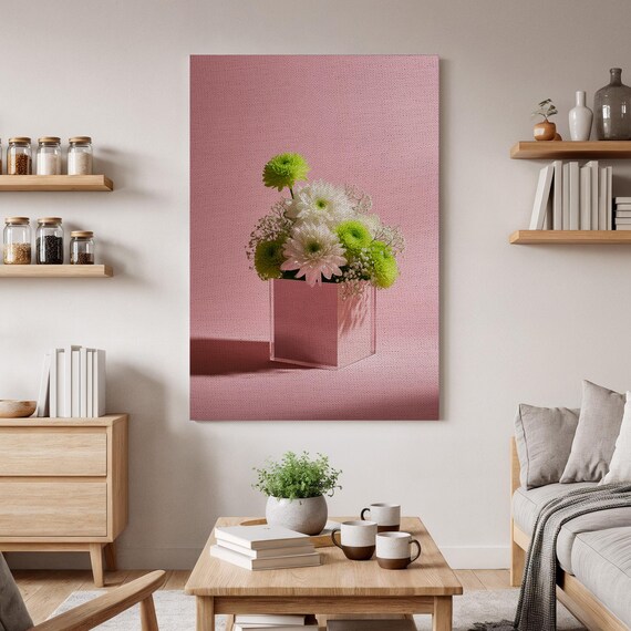 Floral Vase Canvas Wall Art Pink Background Elegant Daisy Bouquet Print Modern Botanical Artwork Fresh Flower Home Decor