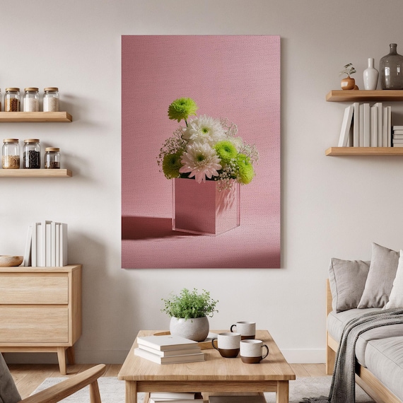 Pink Cube Vase Green White Flowers Minimalist Floral Art Poster