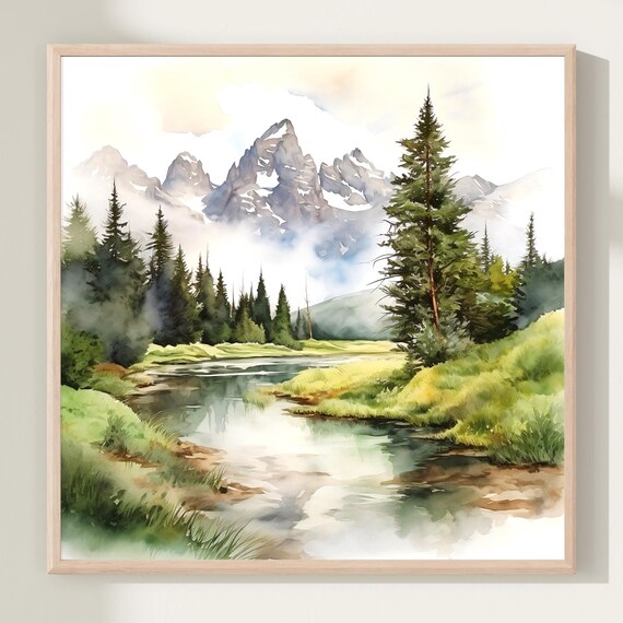 Mountain River Watercolor Art Print, Minimalist Landscape