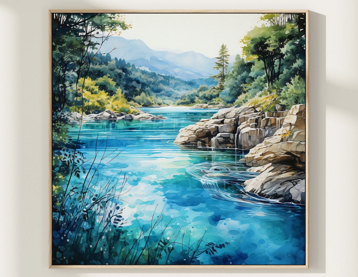 Turquoise Mountain River Gorge Lush Forest Watercolor Poster