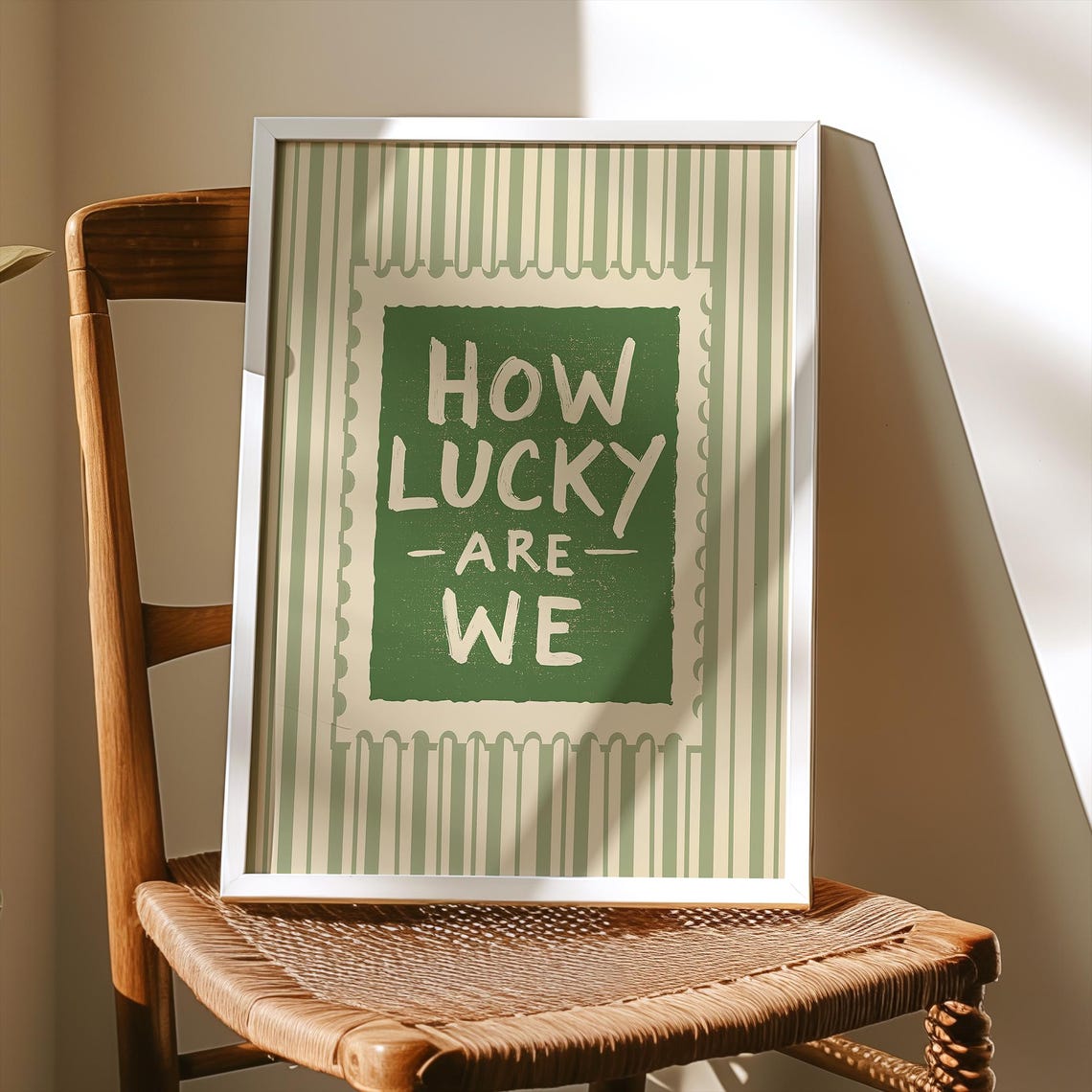 How Lucky Are We Sage Green Stamp Retro Gratitude Quote Wall Art