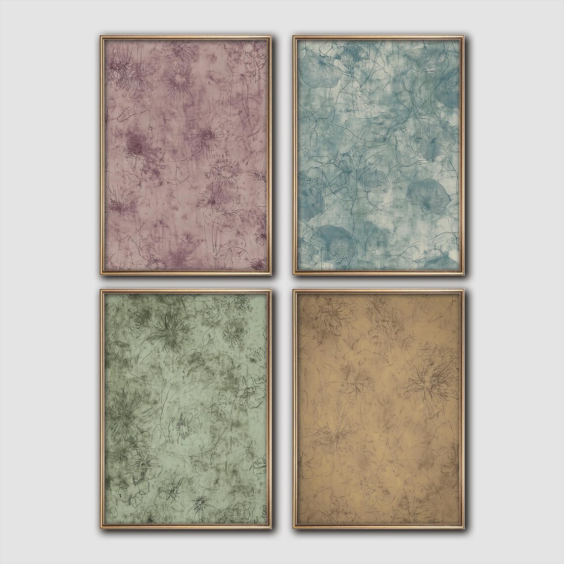 Set of 4 Vintage Botanical Sketch Pastel Gallery Wall Poster