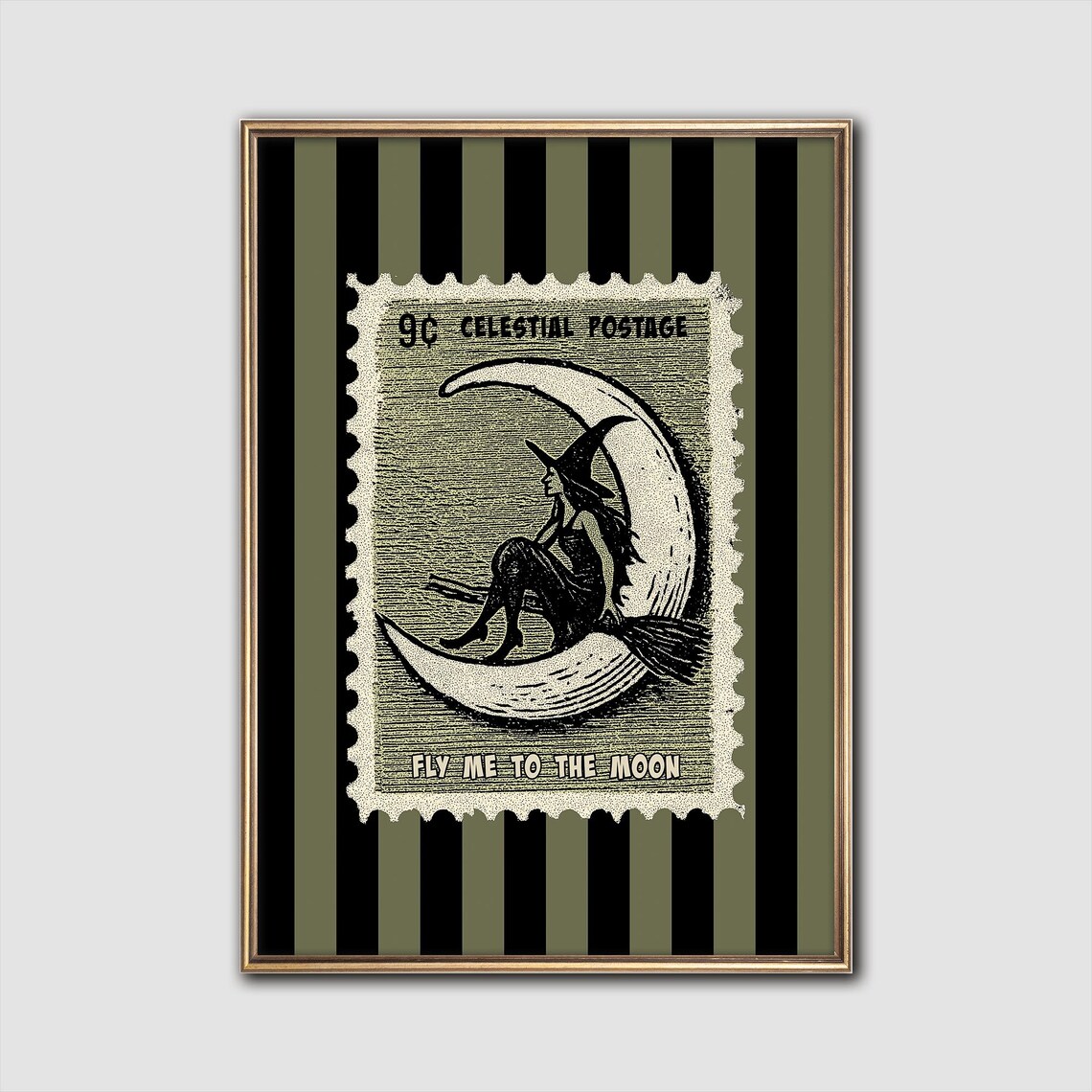Vintage Witch Stamp Art Print Halloween Moon Decor