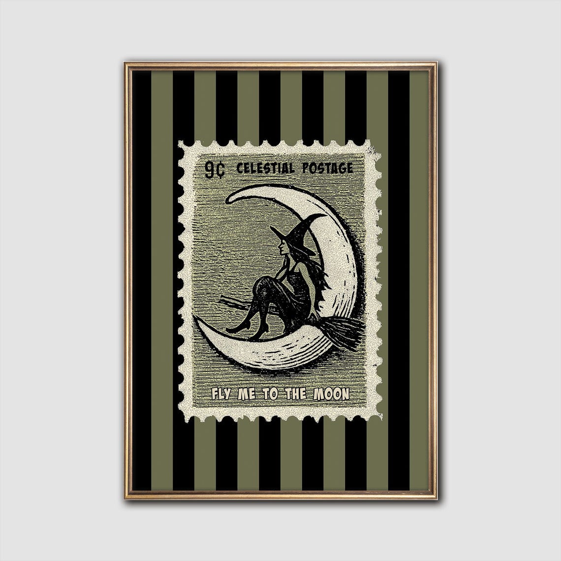 Witch Riding Crescent Moon Fly Me To The Moon Stamp Halloween Poster