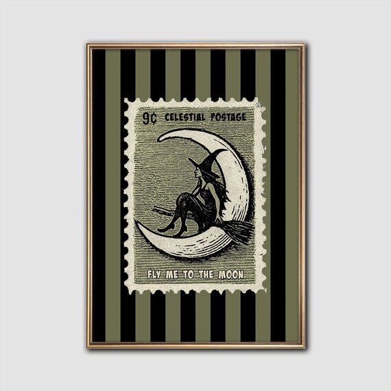 Vintage Witch Stamp Art Print Halloween Moon Decor