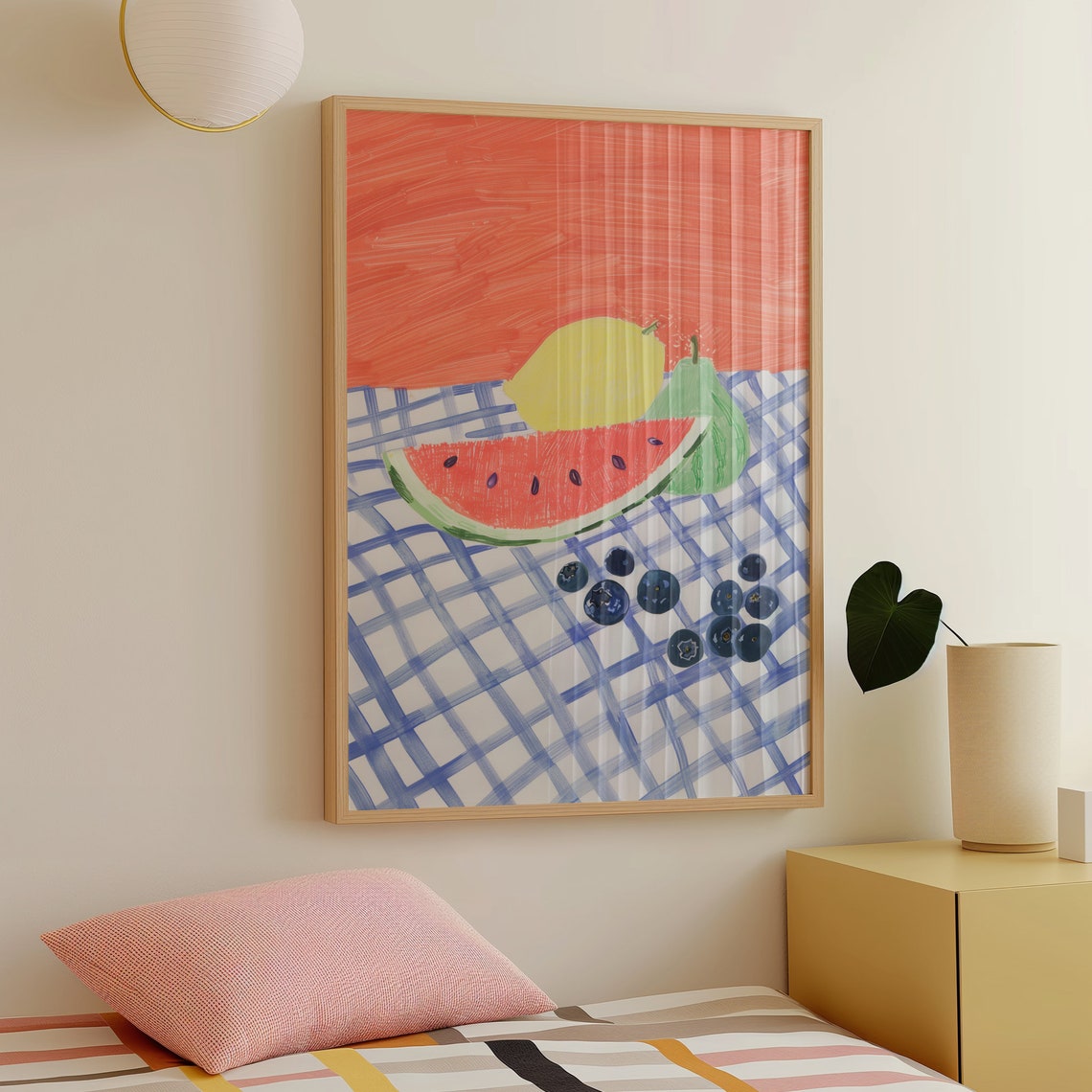 Watermelon Lemon Blueberry Still Life Checkered Cloth Art Poster - Image 5