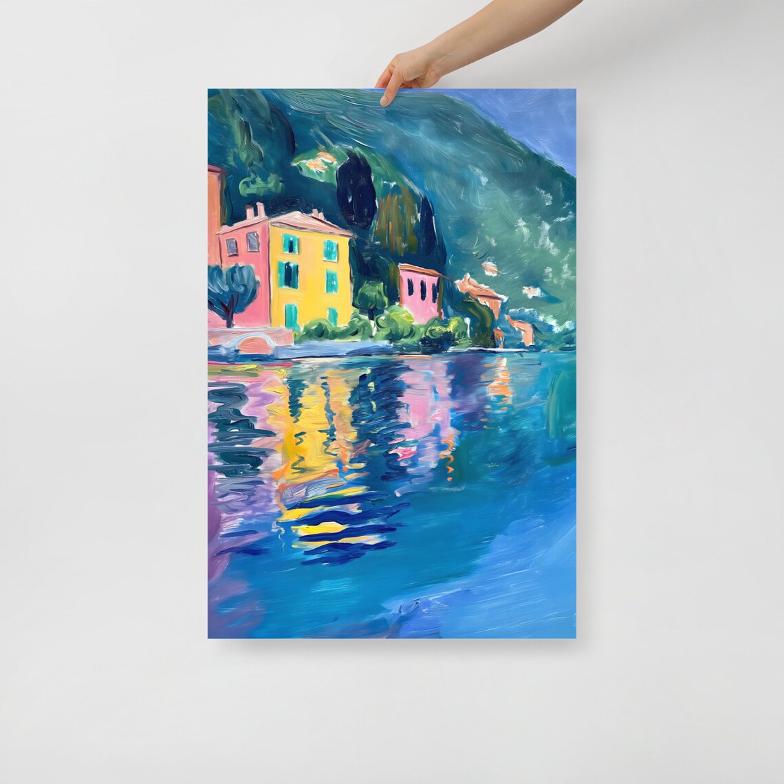 Colorful Lakeside Houses Reflection Fauvist Village Water Poster - Image 3