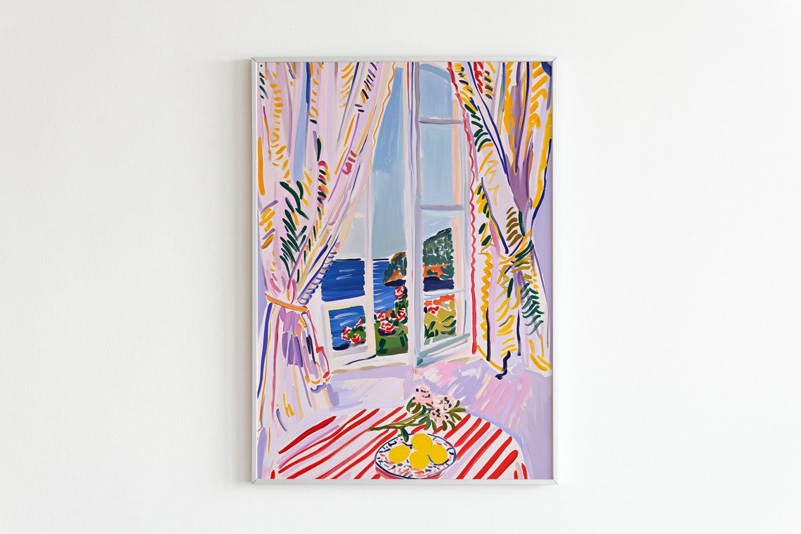 Henri Matisse Style Open Window Patterned Curtains Lemon Poster