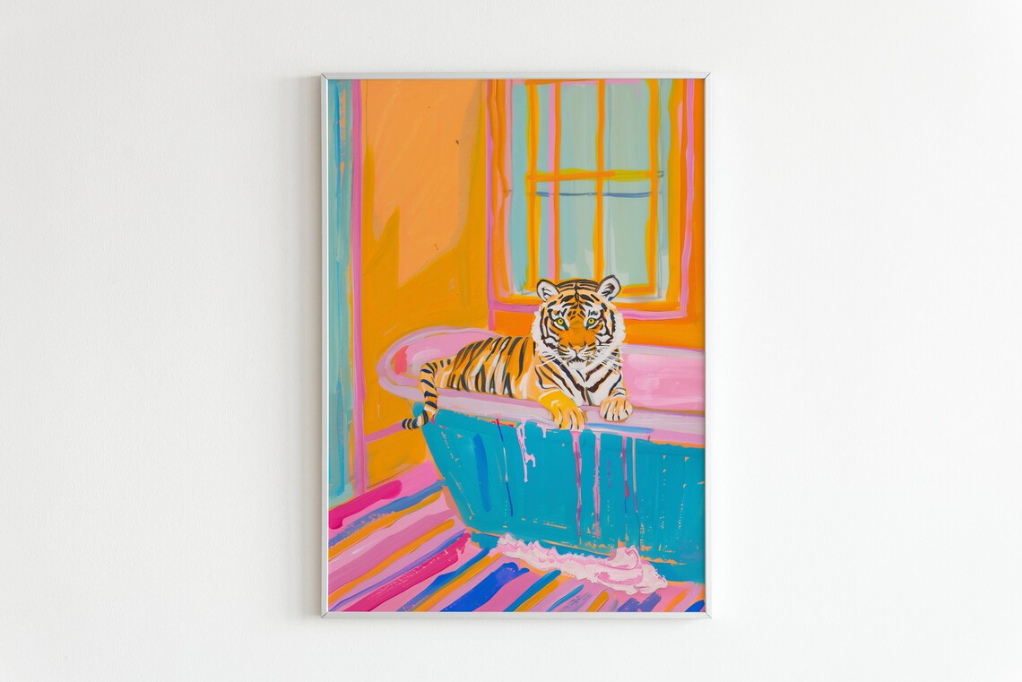 Tiger In Bath Poster, Maximalist Bathroom Print