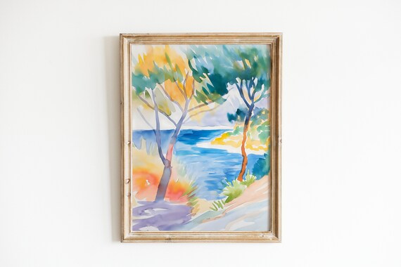 Watercolor Trees Framing Blue Lake Cove Coastal Landscape Poster