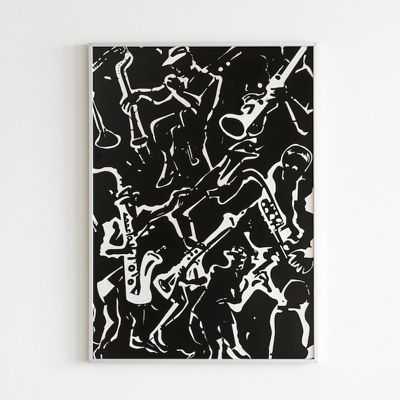 Black And White Abstract Jazz Band Saxophone Players Art Poster
