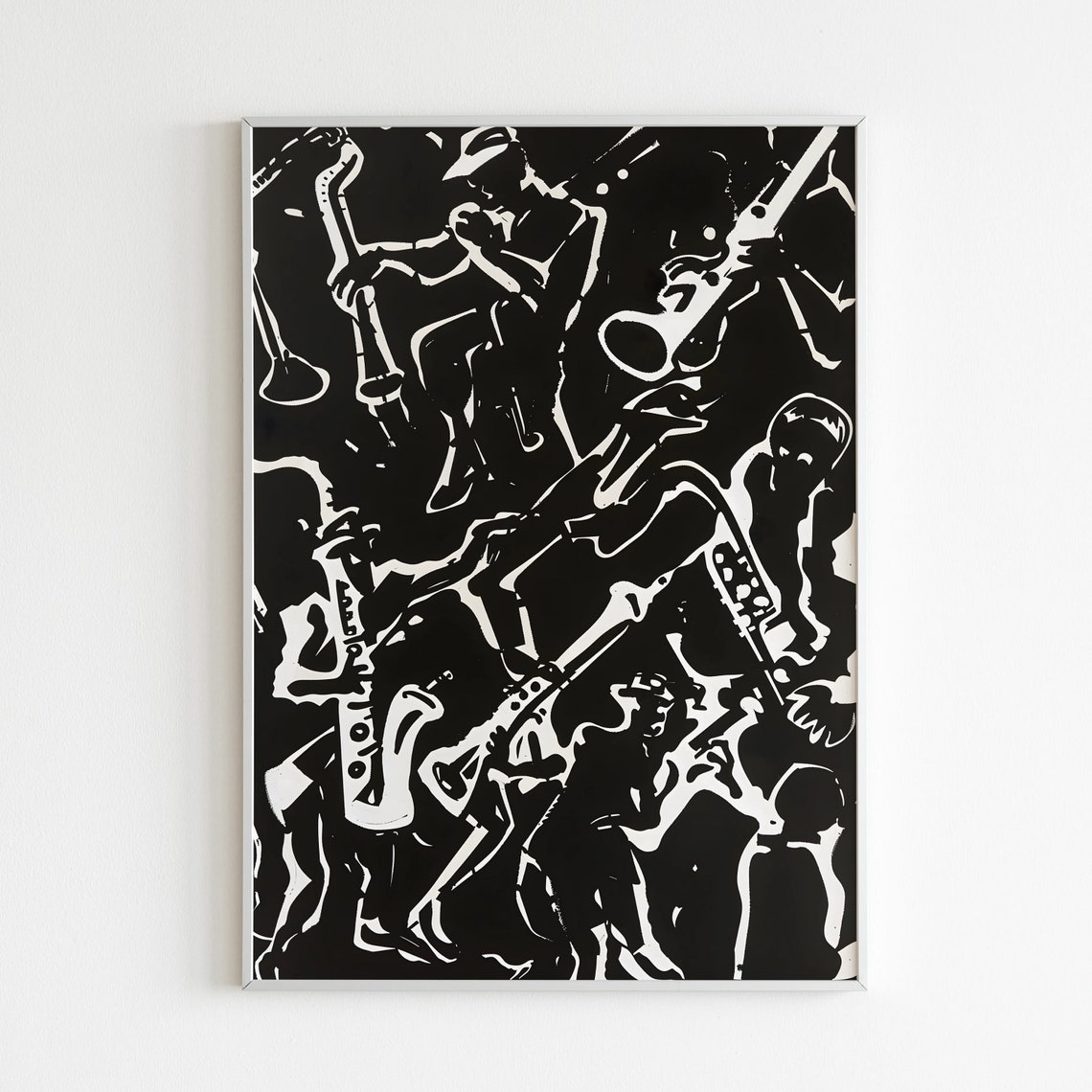Black And White Abstract Jazz Band Saxophone Players Art Poster