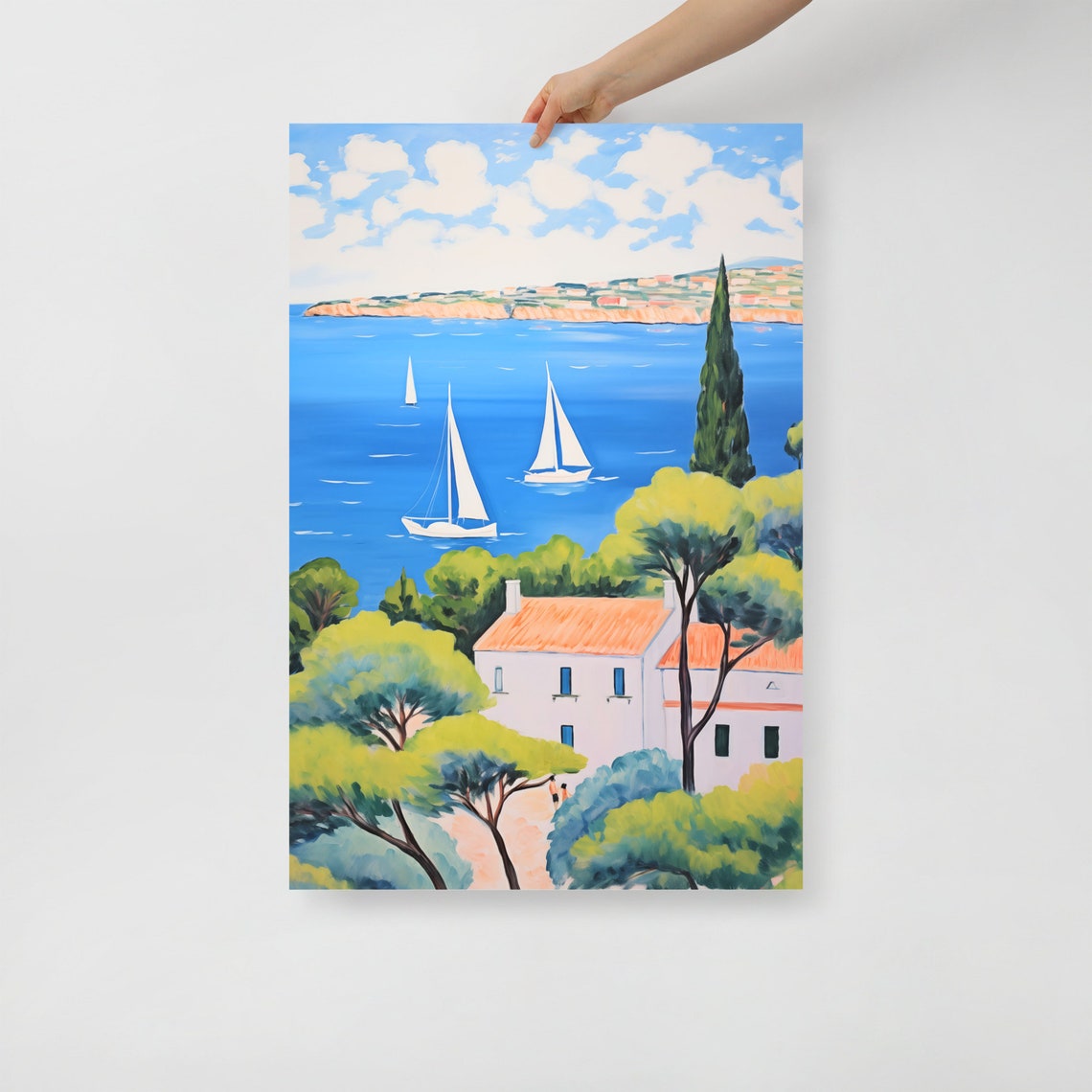 Sailboats Blue Bay Cypress Trees Villa Mediterranean View Poster - Image 3