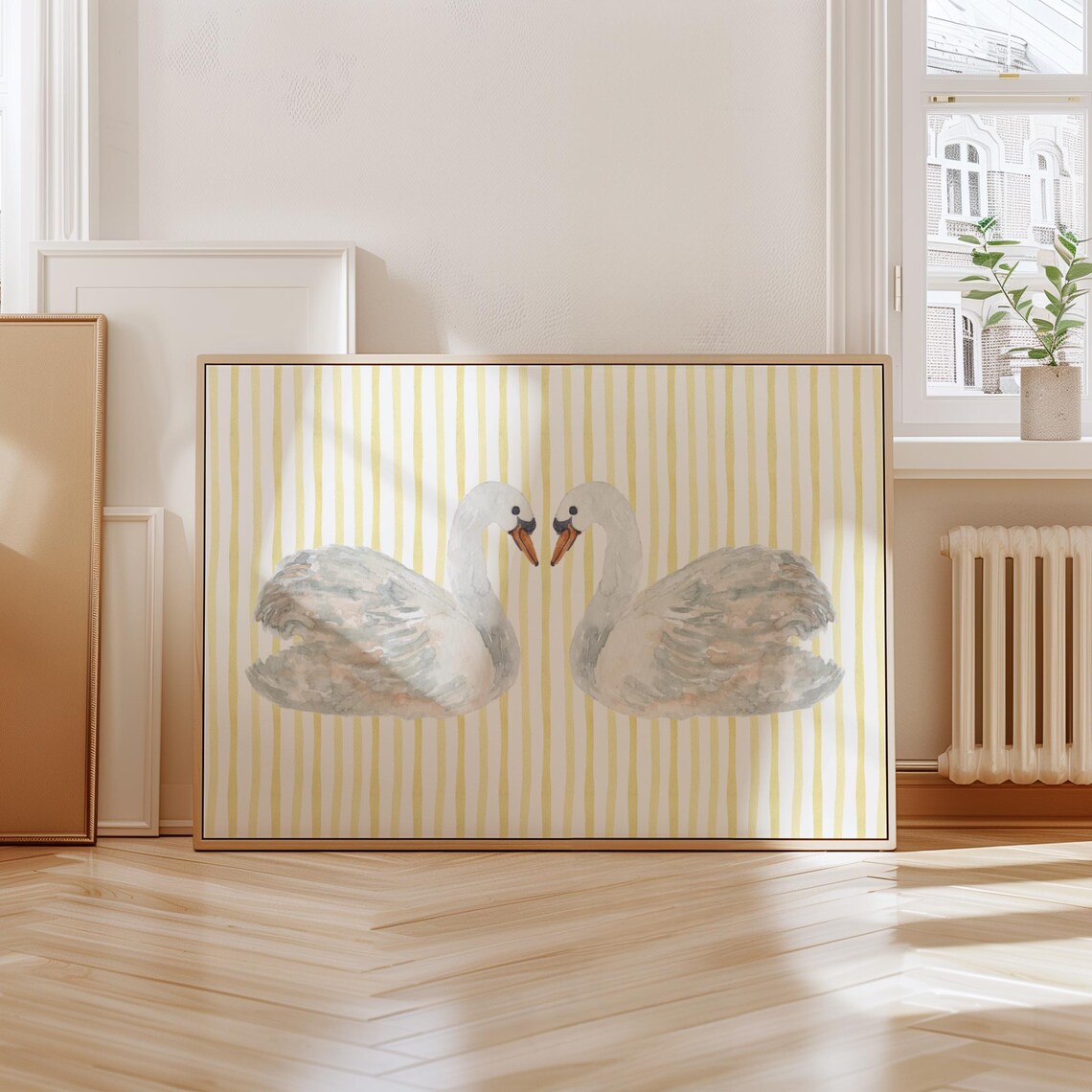 Swan Couple Wall Art, Butter Yellow Stripes Poster