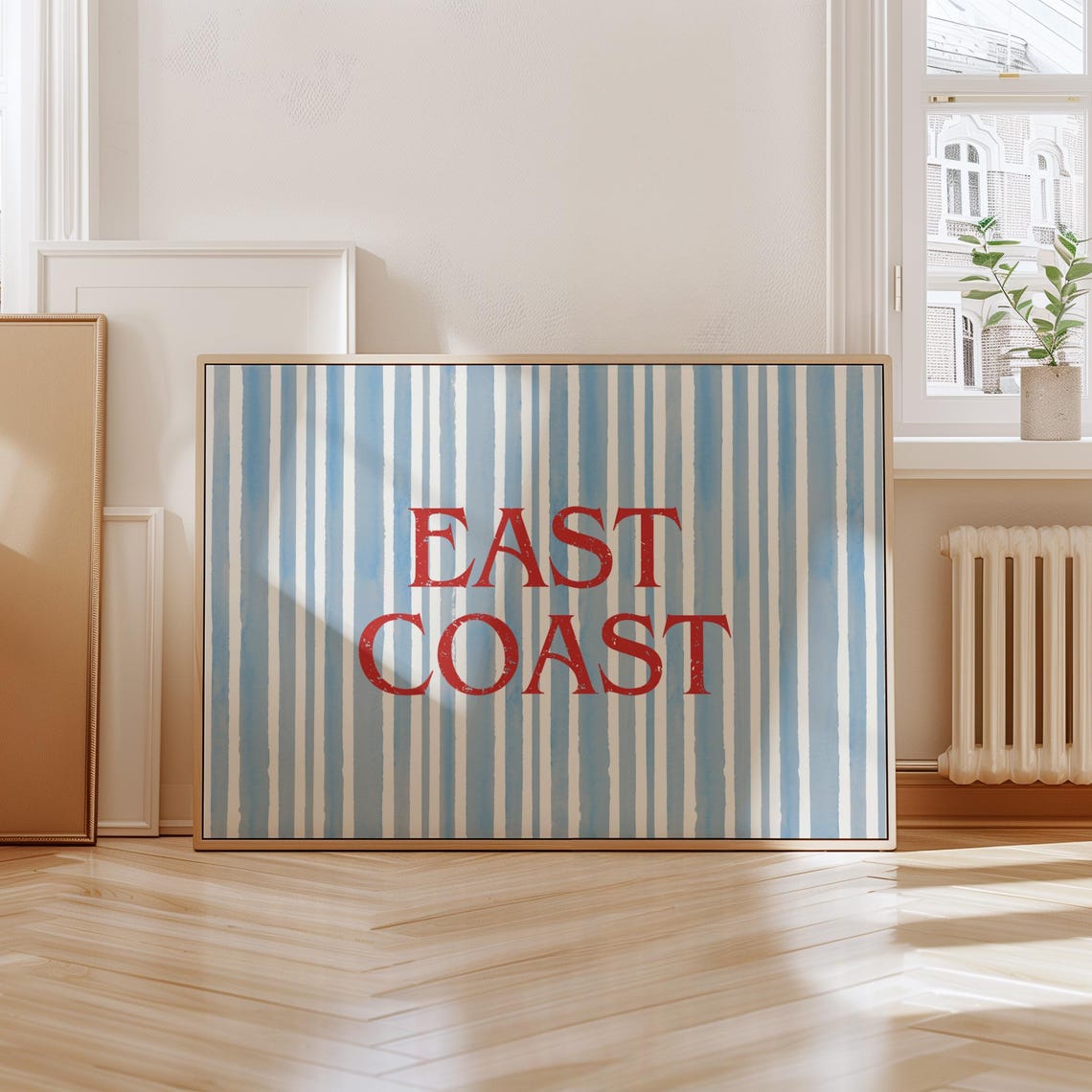 East Coast Red Typography Blue Striped Coastal Preppy Wall Art