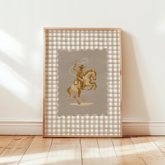 Vintage Striped Cowboy Rodeo Print Western Wall Art Gingham Plaid Poster Artwork For Nursery Bedroom Or Living Room