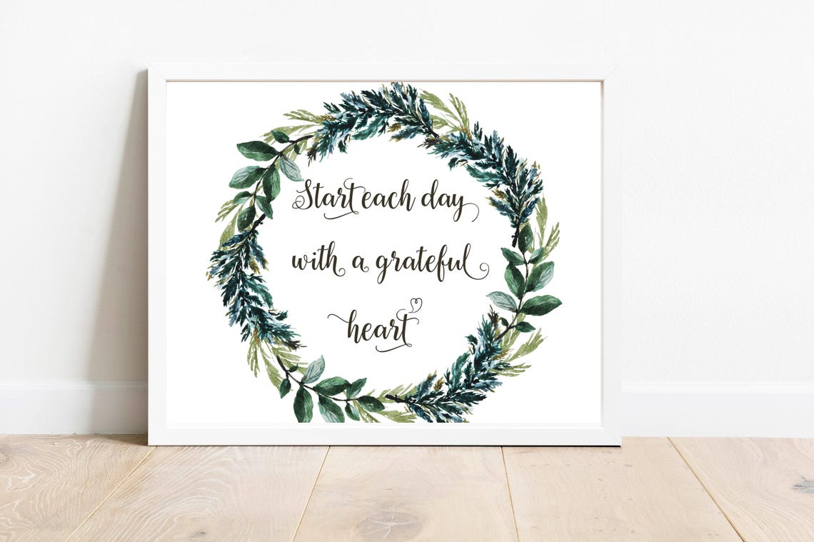 Start Each Day With A Grateful Heart Green Wreath Watercolor Poster - Image 2