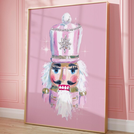Pink Nutcracker With Jeweled Crown Hat Sparkling Coquette Christmas Print