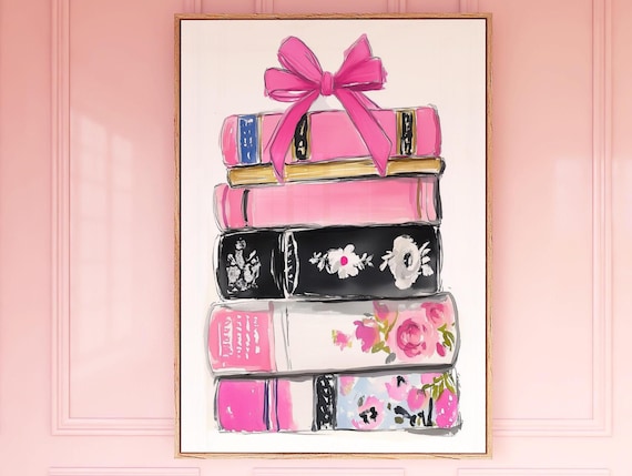 Pink Book Stack Watercolor Girly Library Bow Reading Decor Wall Art