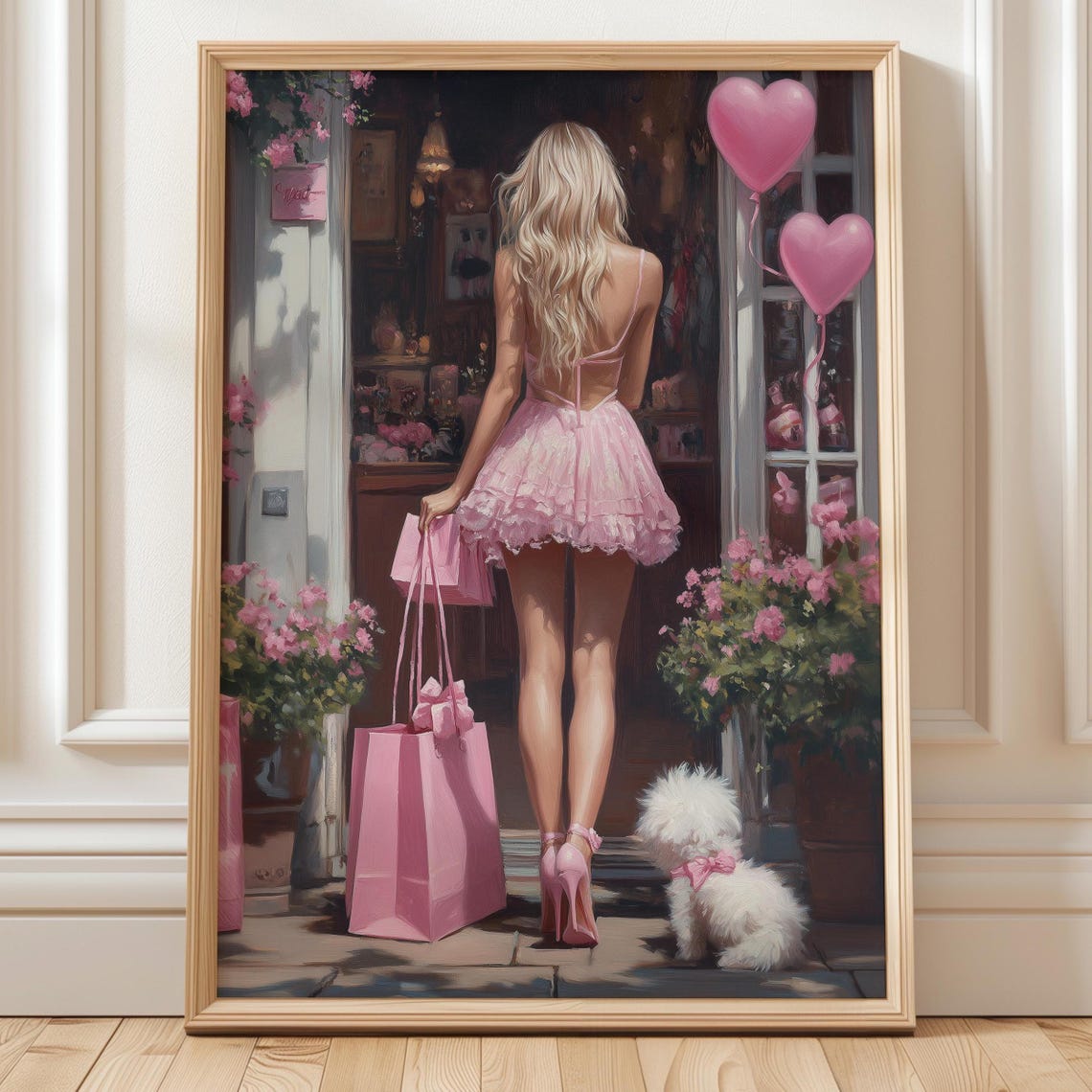 Pink Boutique Fashion Wall Art Glam Blonde Girl With Puppy Balloons Coquette Shopping Girly Trendy Printout
