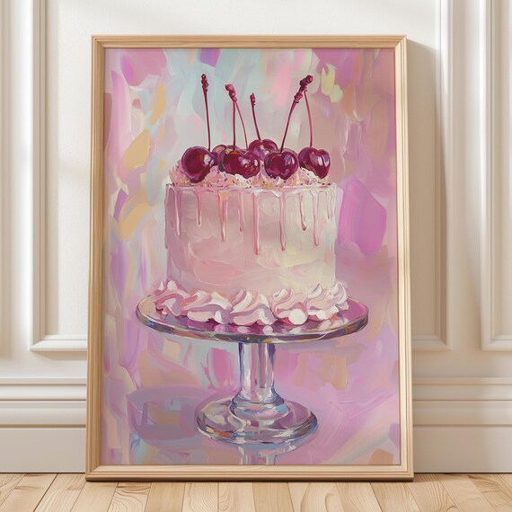 Pink Cherry Cake Wall Art Girly Kitchen Sweet Dessert Coquette Trendy Poster Printout Pastel Decoration