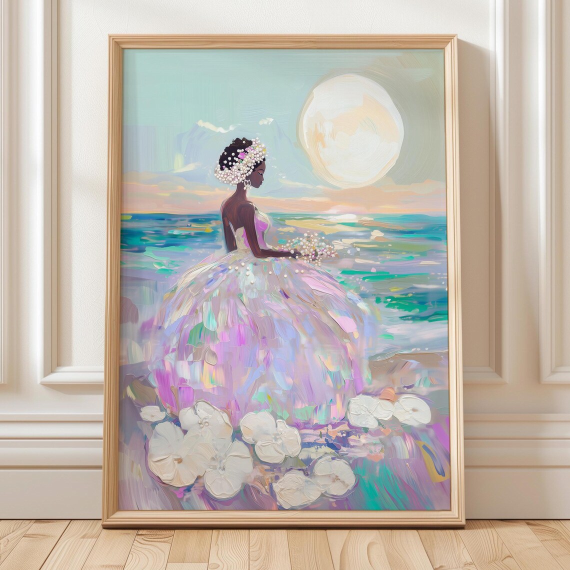 Black Bride Art Print, Full Moon Beach Wedding