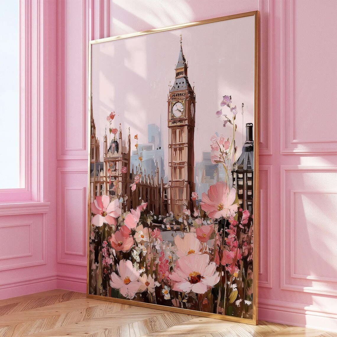 London Big Ben Tower Pink Floral Bloom Travel Painting Poster