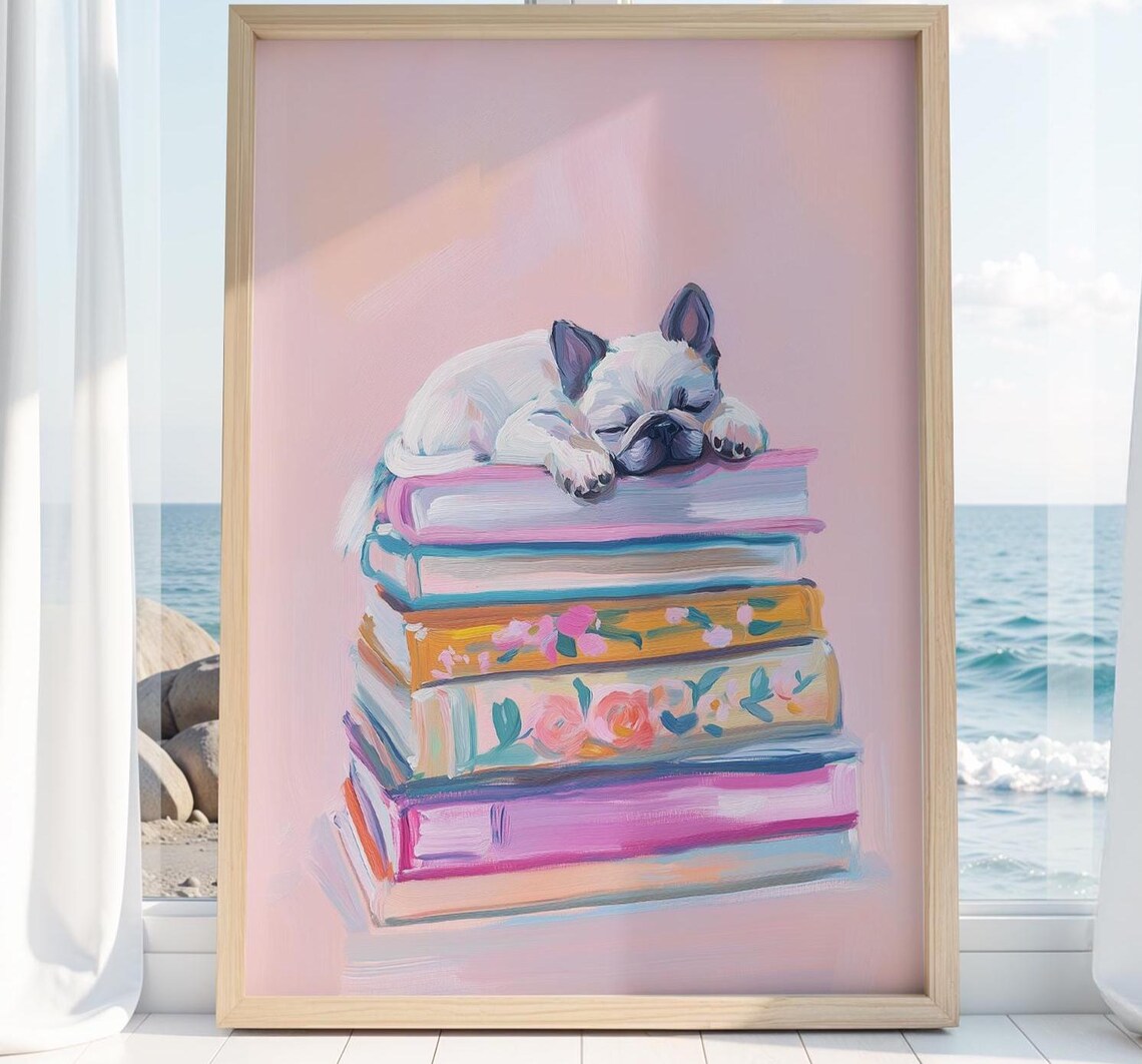 French Bulldog Sleeping On Books Poster Cute Pink Puppy Dog Book Lover Art