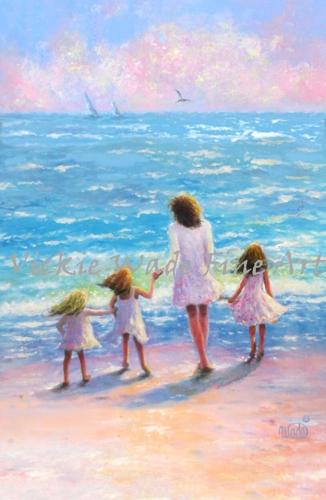 Mother With Three Daughters Walking Into the Sunset Ocean Poster