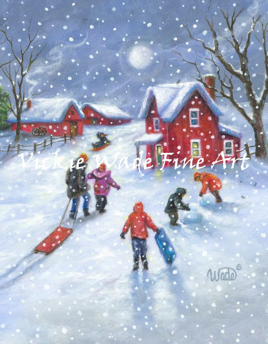 Children Sledding on Snowy Night by Red Barns Moonlight Poster