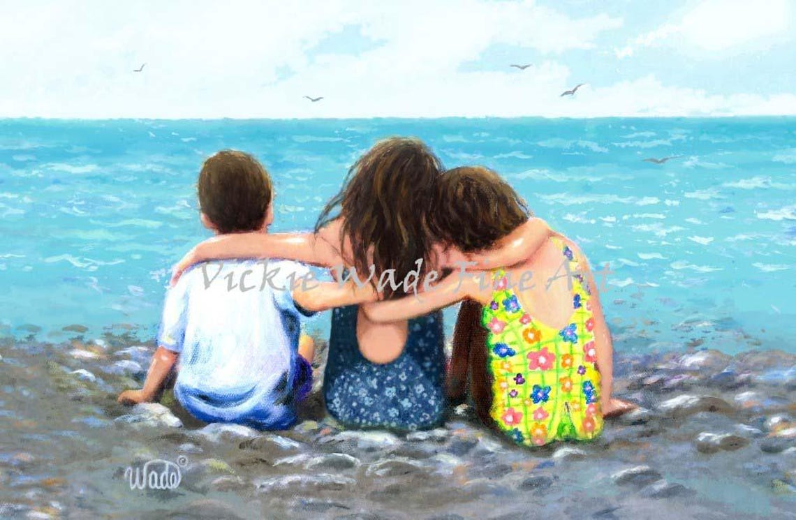 Three Children Hugging on the Beach Facing the Wide Ocean Poster